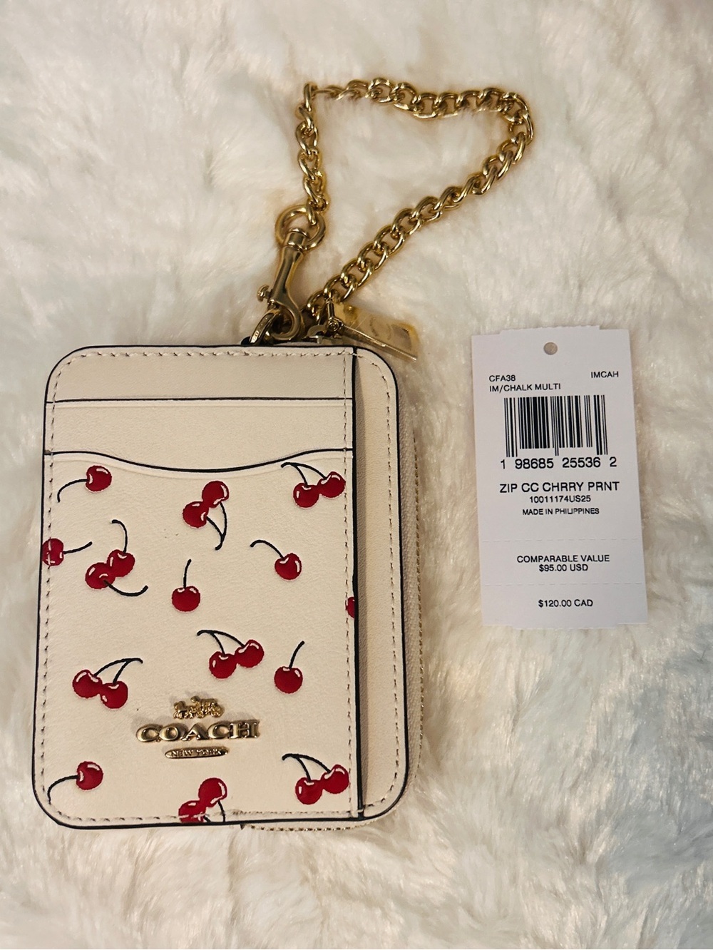 Coach Chalk Multi Cherry Zip Card Case with Gold Chain Accent NWT